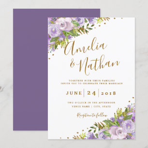 Purple Floral Watercolor Gold Wedding Invitation