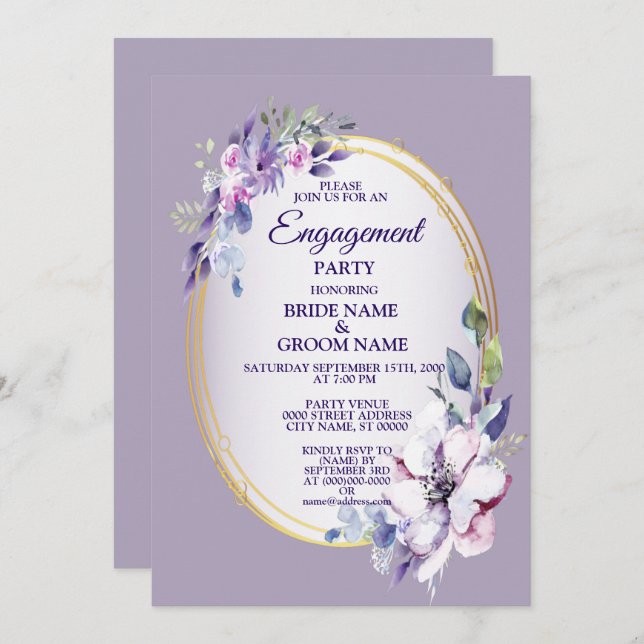 Purple Floral Watercolor Golden Engagement Party Invitation (Front/Back)