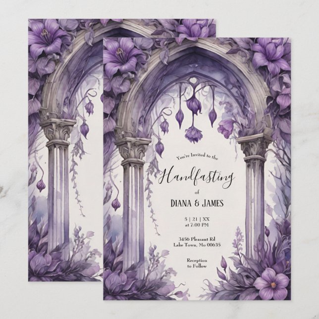 Purple Floral Watercolor Gothic Pagan Handfasting Invitation (Front/Back)