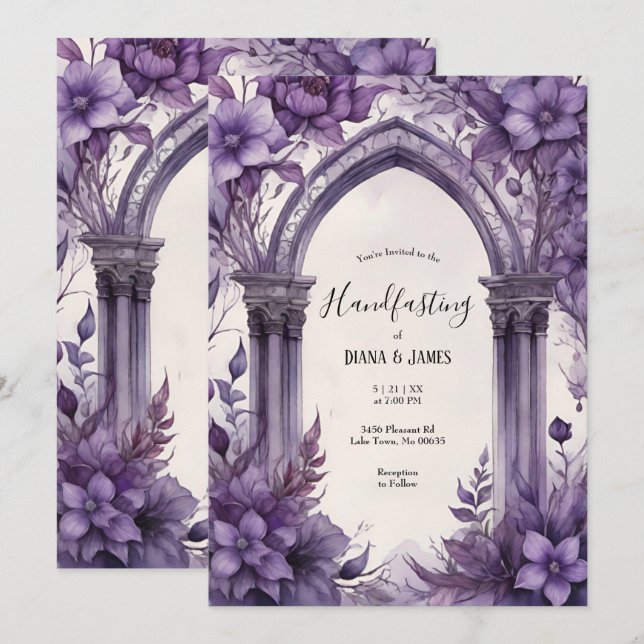 Purple Floral Watercolor Gothic Pagan Handfasting Invitation (Front/Back)