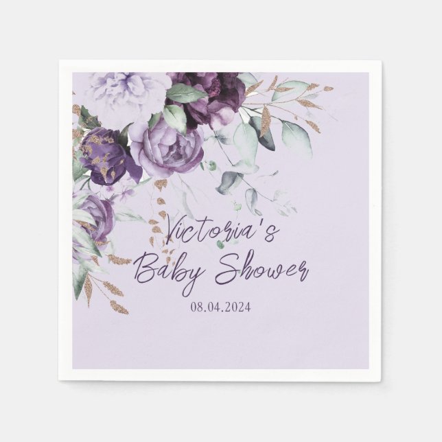 Purple Floral Watercolor Lavender Baby Shower Napkin (Front)
