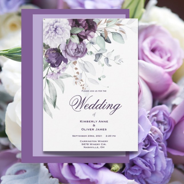 Purple Floral Watercolor Modern Wedding Invitation (Creator Uploaded)
