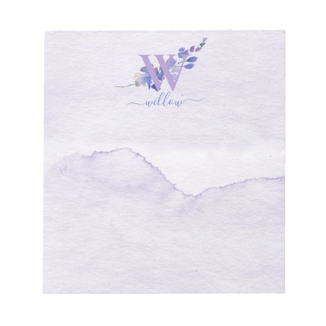 Purple Floral Watercolor Monogram Stationery Notepad (Front)