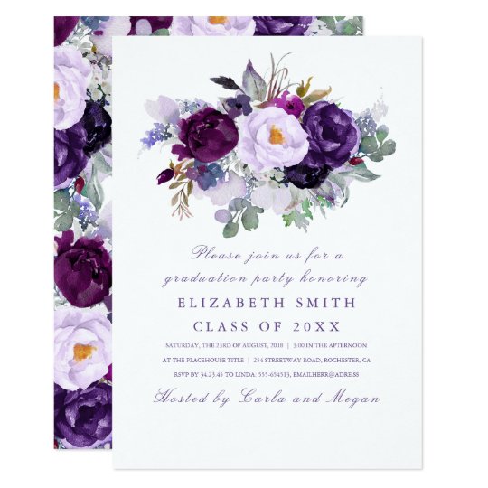 Purple Floral Watercolor Romantic Graduation Party Card