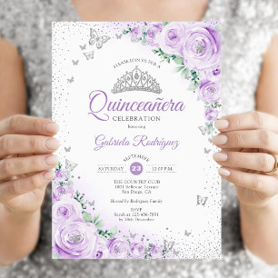 Purple Floral Watercolor Roses Quinceanera Invitation