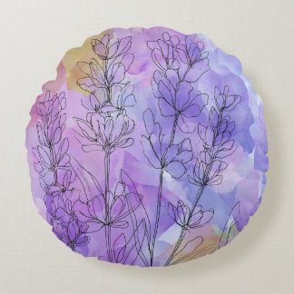 Purple Floral Watercolor Round Pillow