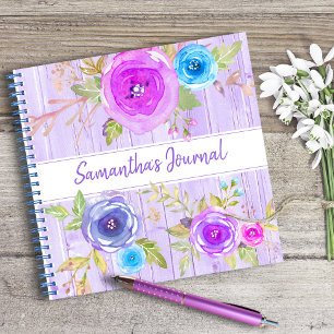 Purple floral watercolor rustic wood custom square notebook