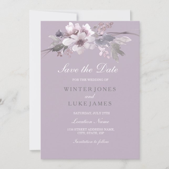 Purple Floral Watercolor Save The Date Invitation (Front)
