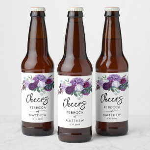Purple Floral Watercolor Script Wedding Beer Bottle Label