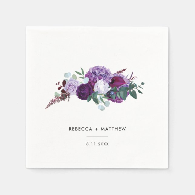 Purple Floral Watercolor Script Wedding Paper Napkin (Front)