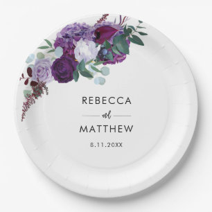 Purple Floral Watercolor Script Wedding Reception Paper Plate