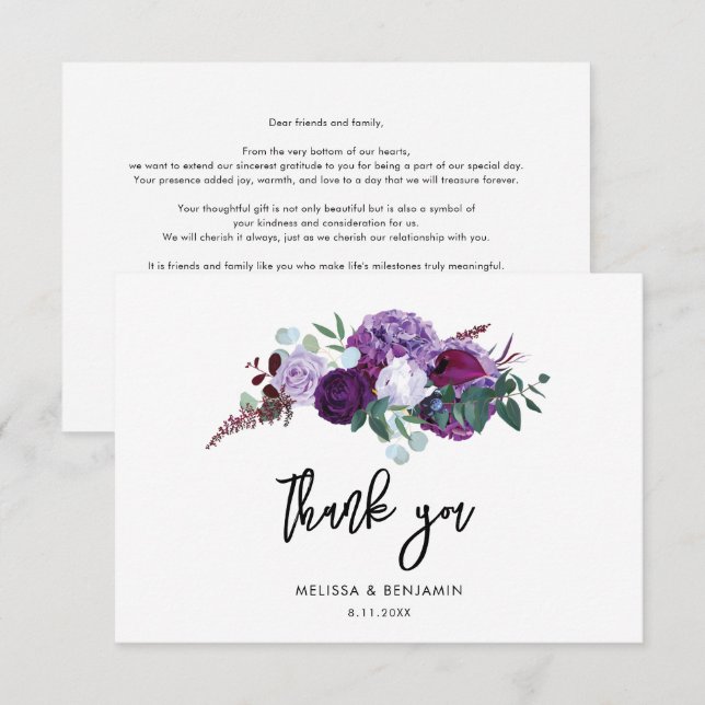 Purple Floral Watercolor Script Wedding Thank You Card (Front/Back)