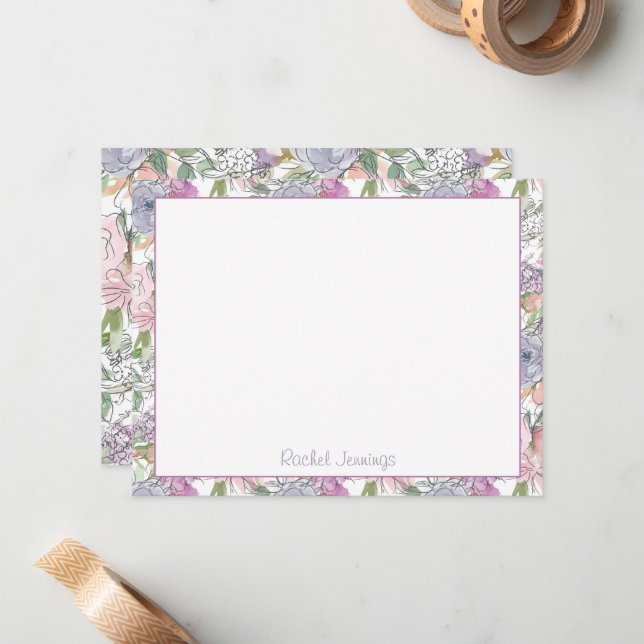 Purple Floral Watercolor Sketch Personalised Name Card (Front/Back In Situ)