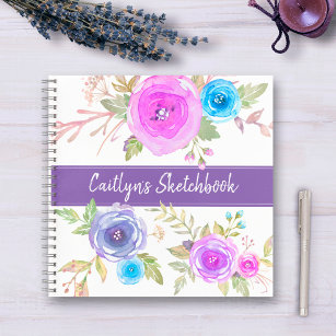 Purple floral watercolor sketchbook script name notebook