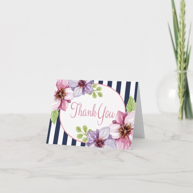 Purple Floral Watercolor Thank You Blue Stripes Card (Front)