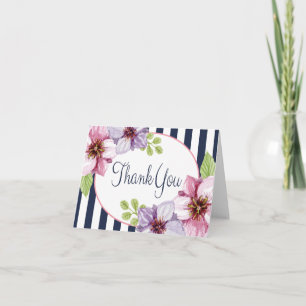 Purple Floral Watercolor Thank You Blue Stripes Card
