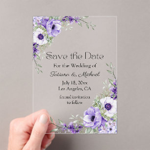 Purple Floral Watercolor Transparent Save the Date Acrylic Invitations