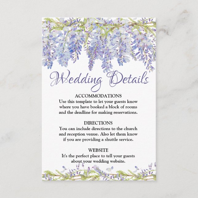 Purple Floral Watercolor Wedding Details Card (Front)
