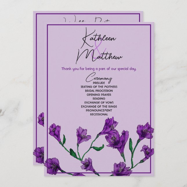 Purple Floral Watercolor Wedding Programme (Front/Back)