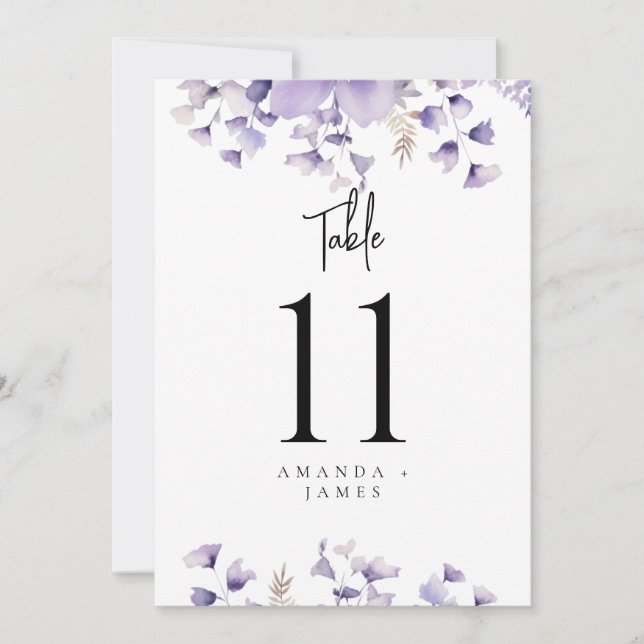 Purple Floral Watercolor Wedding Table Numbers (Front)