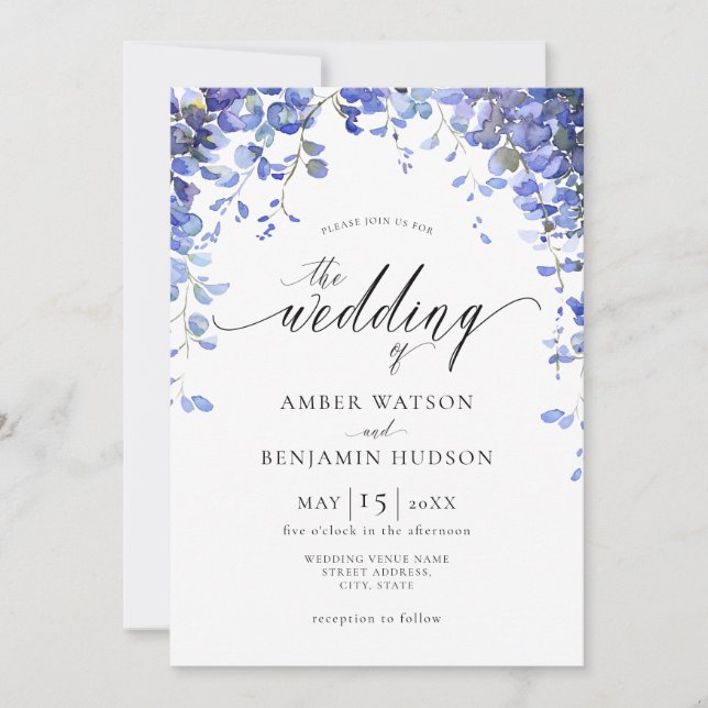 Purple Floral Watercolor Wisteria Flowers Wedding Invitation (Front)