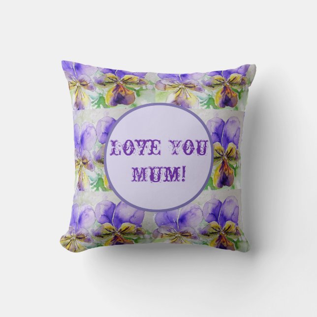 Purple Floral Watercolour Love You Mom Cushion (Front)
