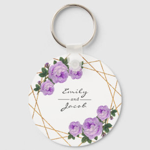 Purple Floral Wed Elegant Gold Glitter Geometric Key Ring