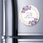 Purple Floral Wed Elegant Gold Glitter Geometric Magnet<br><div class="desc">Wedding magnet. Design features an elegant faux gold glitter geometric frame pattern. Overlaid with watercolor purple roses and greenery foliage on two corners. Personalize this template to add your information. Click to customize further to make more changes. Everything is customizable. Need customization or questions then contact designer Sandy at admin@giftsyoutreasure.com...</div>