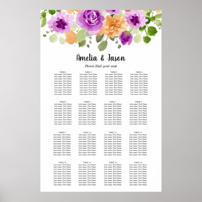 Purple Floral Wedding 16 Table Seating Chart (Front)