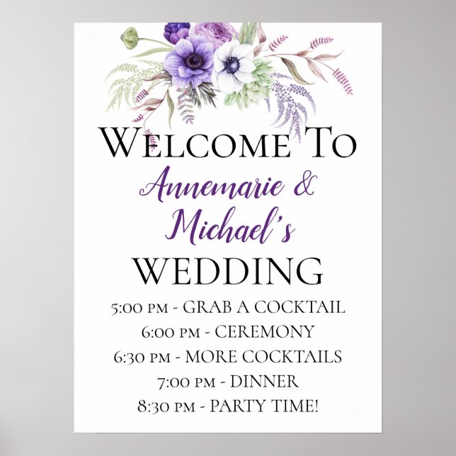 Purple Floral Wedding Ceremony Details Welcome Poster (Front)