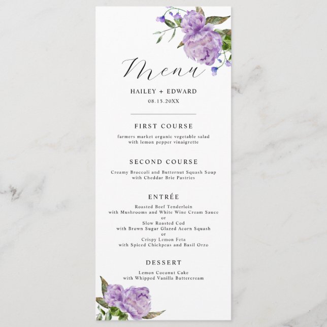 Purple Floral Wedding Dinner Menu (Front)