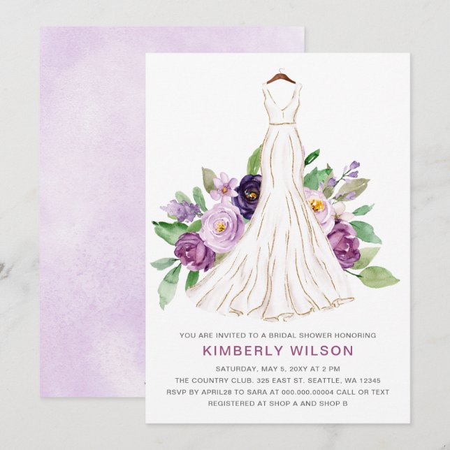 Purple Floral Wedding Dress Bridal Shower Invitation (Front/Back)
