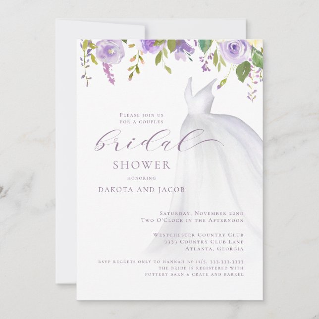 Purple Floral Wedding Dress Couples Bridal Shower Invitation (Front)