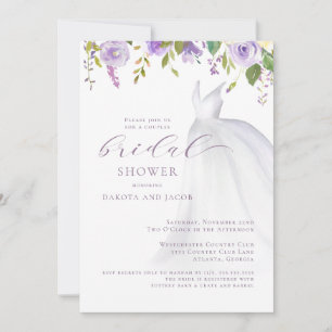 Purple Floral Wedding Dress Couples Bridal Shower Invitation