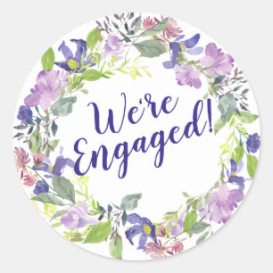 Purple Floral Wedding Engagement We're Engaged Classic Round Sticker
