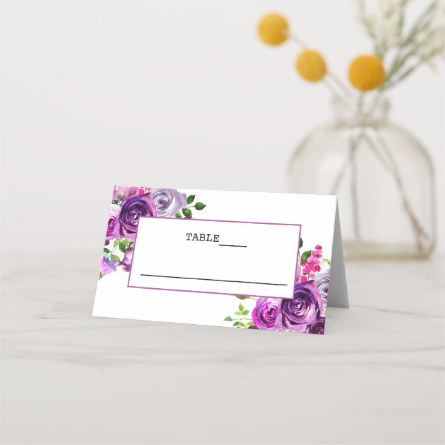 Purple Floral Wedding Folded Place card (Front)