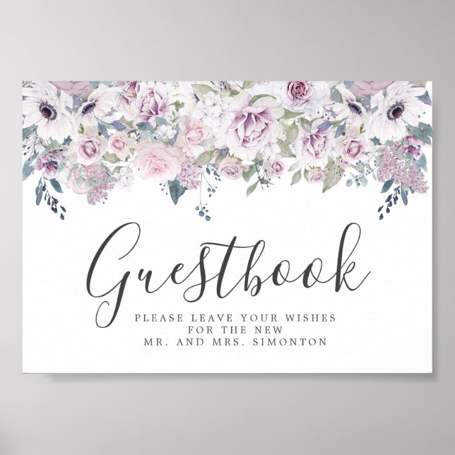 Purple Floral Wedding Guestbook Sign (Front)