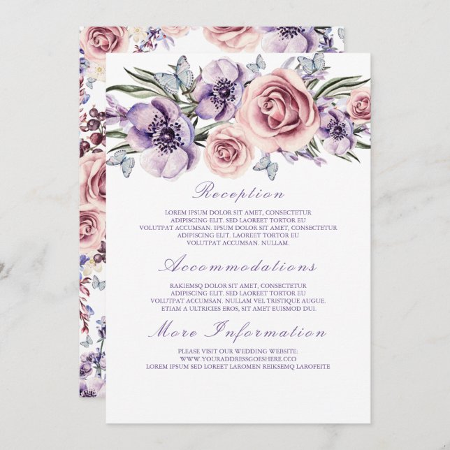 Purple Floral Wedding Information Guest Card (Front/Back)