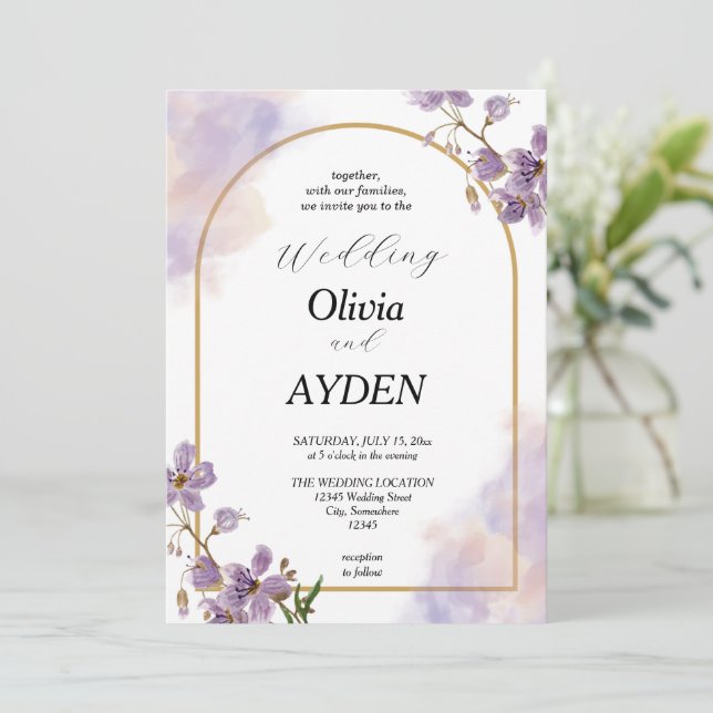  Purple Floral Wedding Invitation (Standing Front)