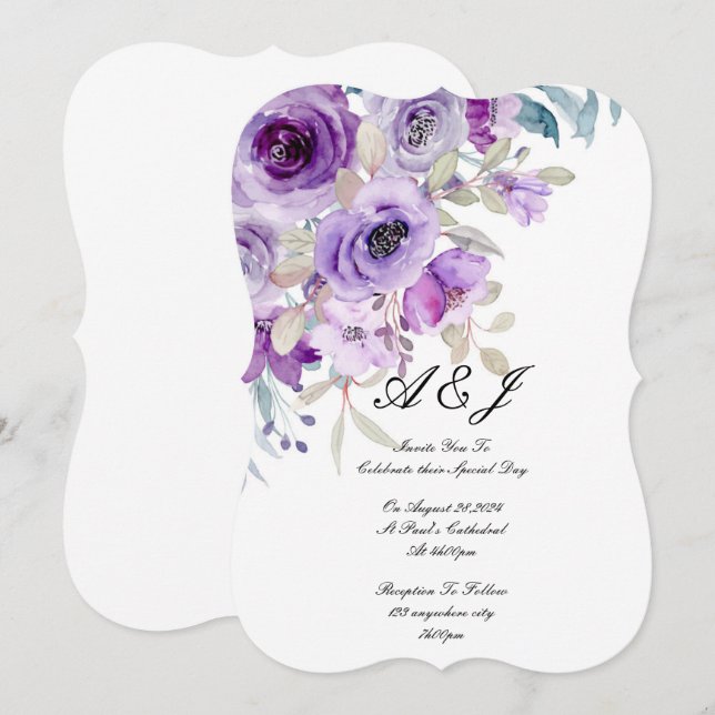 purple floral wedding invitation (Front/Back)