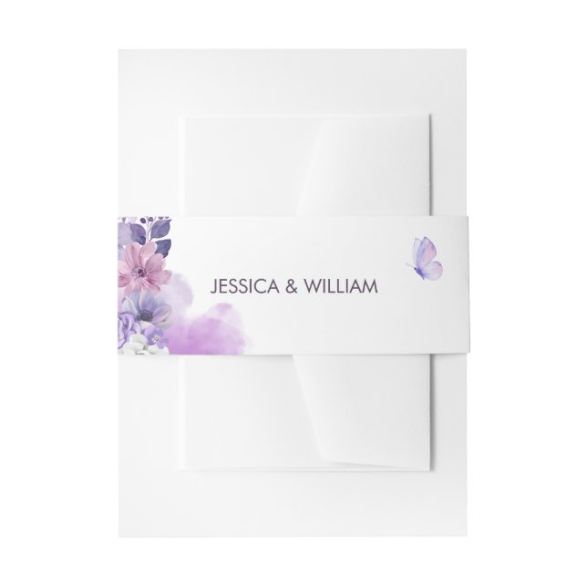 Purple Floral Wedding Invitation Belly Band (Front Example)