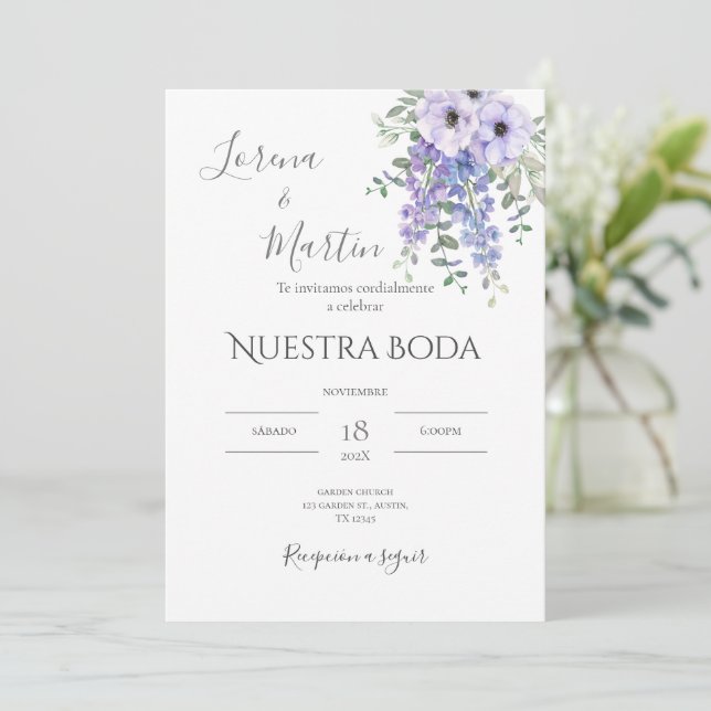 Purple Floral Wedding Invitation in (Standing Front)