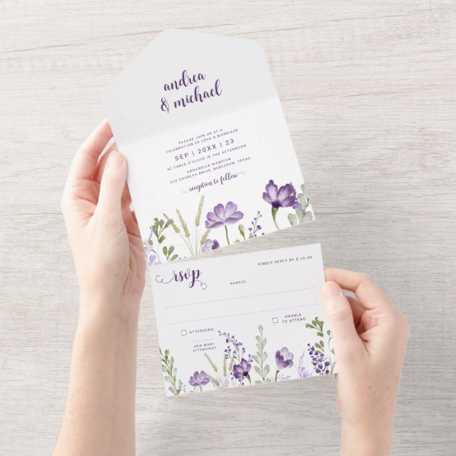 Purple Floral Wedding Invitation RSVP Attached (Tearaway)