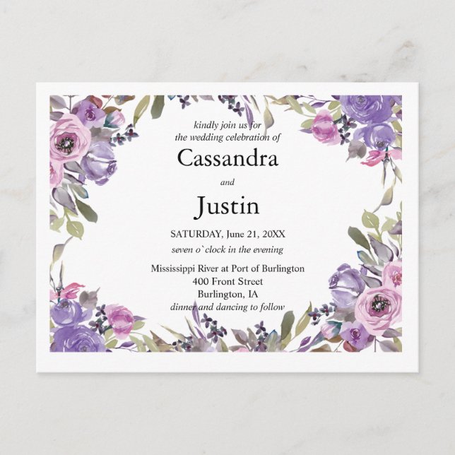 Purple Floral Wedding Invite Postcard (Front)