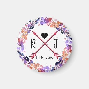 Purple Floral Wedding Monogram Wreath Design Magnet