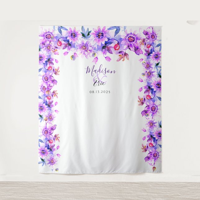 Purple Floral Wedding Photo Booth Backdrop Tapestry (Front)
