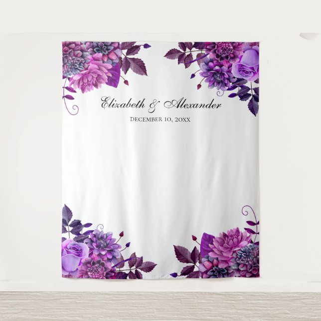 Purple floral wedding photo booth background tapestry (Front)