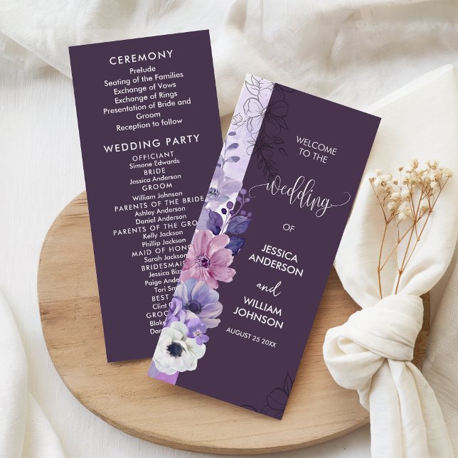 Purple Floral Wedding Program Card (Creator Uploaded)