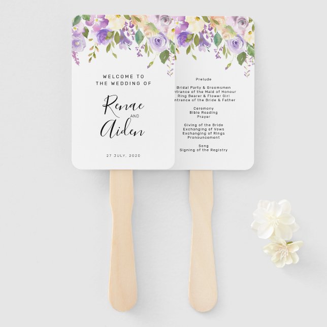 Purple floral wedding program hand fan, floral fan (Front and Back)