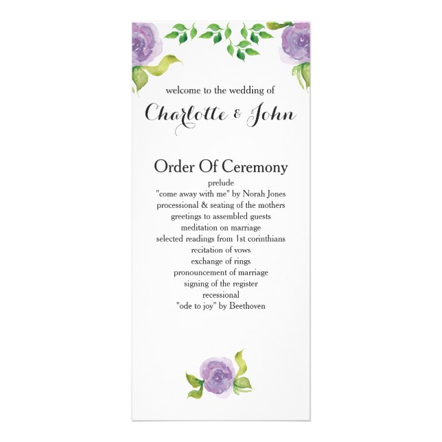 purple floral wedding programs rack card (Front)